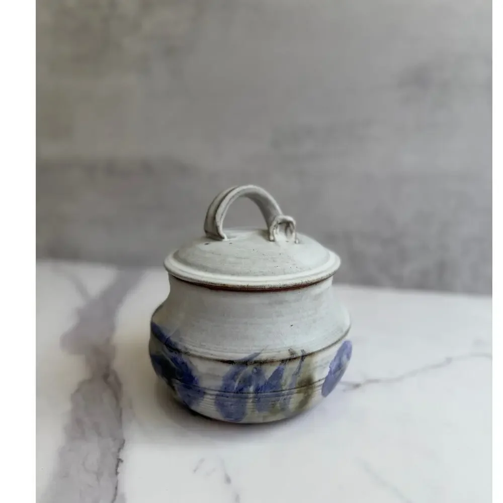 Studio Art Pottery Lidded Jar Speckled Gray & Blue Glaze Handled Ceramic Vessel